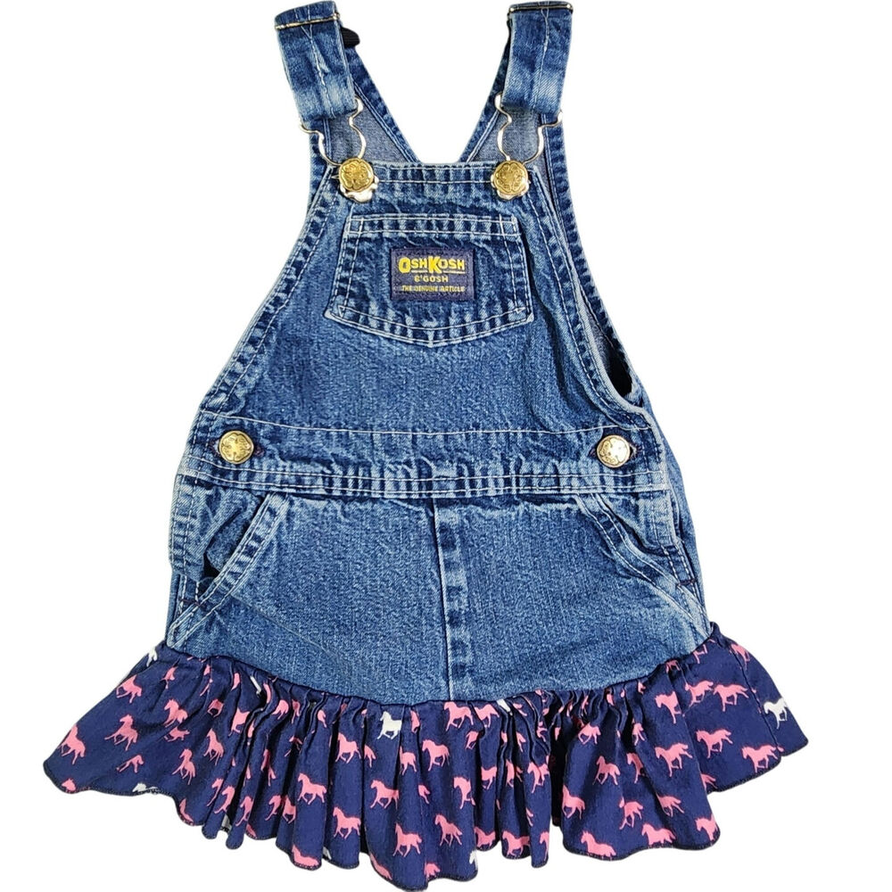 VTG Oshkosh Bib Overalls Jumper Dress Vestbak Toddler 18mo Horses Country Cotton